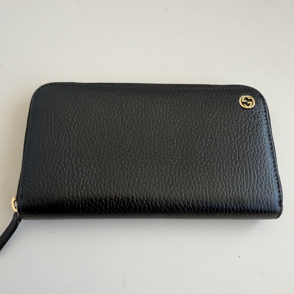Gucci Interlocking G Zip Around Wallet Black Leather Pink Interior